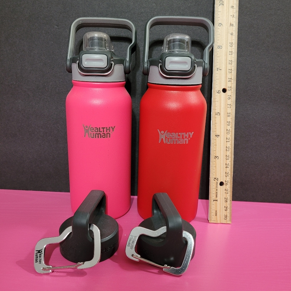 Healthy Human 16 Oz Insulated Water Bottles Set Of 2 With Extra Lids Pink & Red